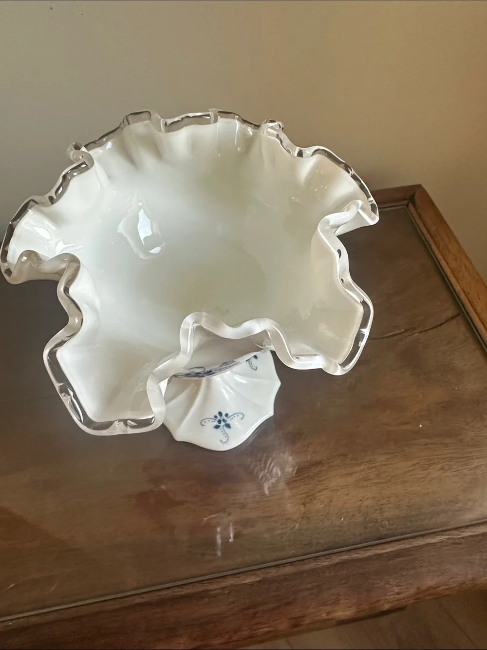 Vintage Fenton Silver Crest Milk Glass Compote with Hand Painted Blue Floral